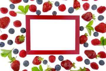 Summer berries.Berry frame. Strawberry, raspberry, blueberry and  Red rectangular frame isolated on white background.Berry  season.top view, copy space