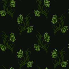 Fototapeta na wymiar Green tribal Flower seamless pattern on dark green background for fabric print, cloth, textile or wrapping paper. Backdrop vector illustration