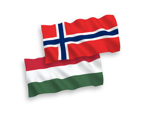 National vector fabric wave flags of Norway and Hungary isolated on white background. 1 to 2 proportion.