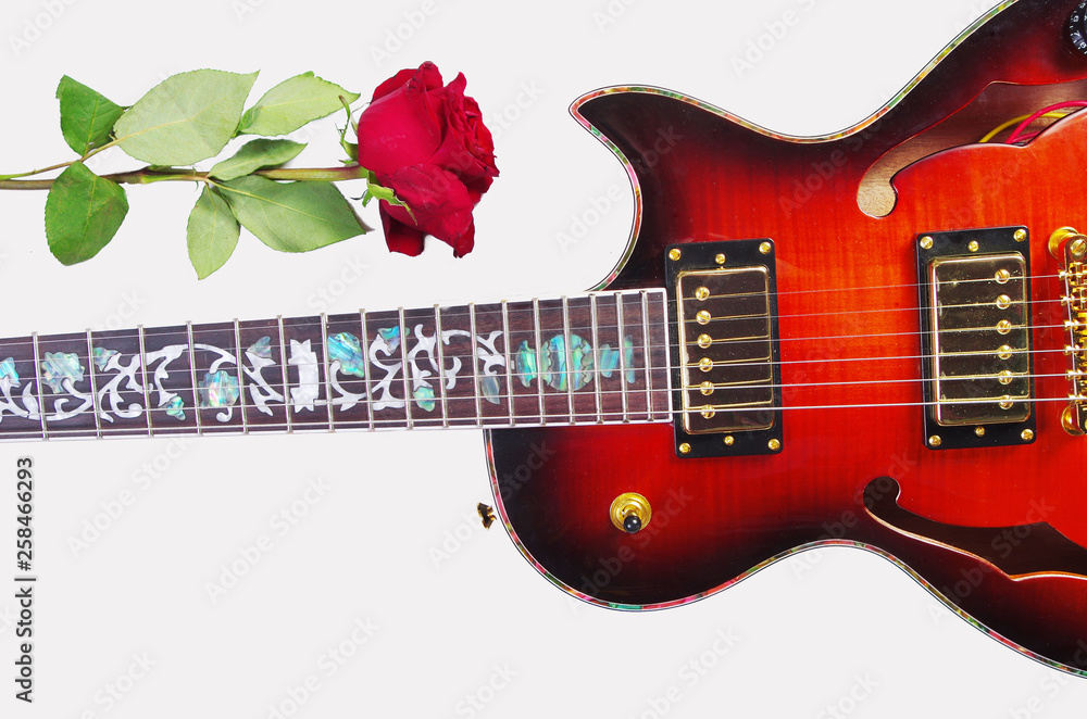 Wall mural electric guitar and red rose on white background