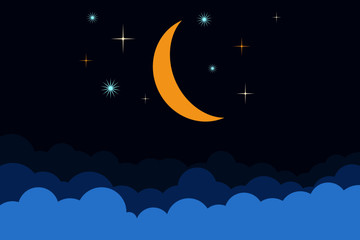 Naklejka na ściany i meble Flat design illustration of night sky landscape with moon, stars, and clouds.