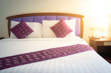 Empty comfort bedroom interior design in luxury style with furniture, lamp, vintage telephone,...
