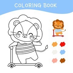 Coloring book for children. Vector illustration of a cute little lion riding a scooter.