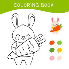 Coloring book for children. Vector illustration of a cute little rabbit with carrot.