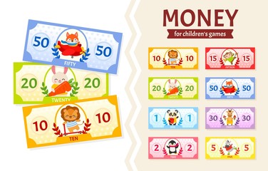 Vector set of paper money for children's games. Cute cartoon animals. Learning material for kids.