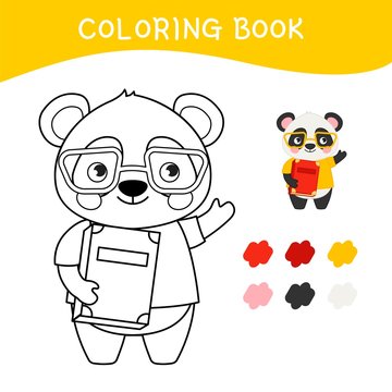 Coloring book for children. Vector illustration of a cute little panda with a book.
