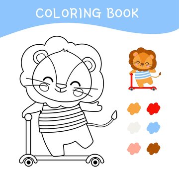 Coloring book for children. Vector illustration of a cute little lion riding a scooter.