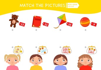 Matching children educational game. Count the money in the children's wallets and find a purchase. Vector illustration of cute children.