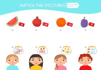 Matching children educational game. Count the money in the children's wallets and find a purchase. Vector illustration of cute children.