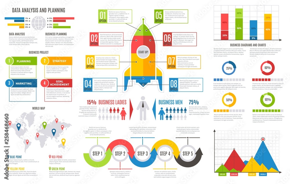 Aufkleber Infographics report. Financial charts diagrams bar chart graph business user interface design vector presentation infographic template set