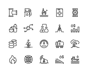 Oil line icons. Gas fuel station, chemical industry petrol tank, petroleum refinery factory, oil rig drill platform. Fuel vector set
