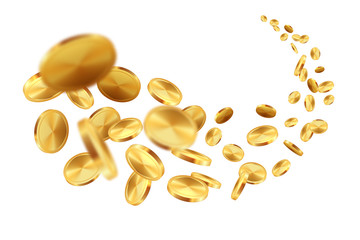 Flying gold coins. Realistic falling money dollar jackpot game treasure win prize bank lottery. Vector rain of 3d fly coins