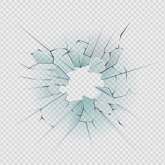 Broken glass. Cracked window texture realistic destruction hole in transparent damaged glass. Vector realistic shattered glass template