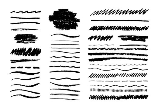 Grunge pencil line. Scribble chalk brush, black doodle graphite art texture, hand drawn sketch elements. Vector grungy lines set
