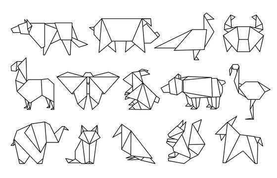 Line Origami Animals. Abstract Polygon Animals, Folded Paper Shapes, Modern Japan Design Templates. Vector Animal Icons Set