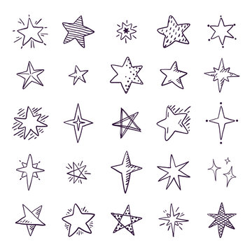 Doodle stars. Cute pen sketch space elements, simple black geometric set, hand drawn star pattern for print textile. Vector space stars