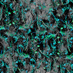 Vintage seamless watercolor pattern of plants, Herbs, flowers, wigs and berries, juniper, pine needles,spike, cereal, wheat, dandelion.blue, black, white flowers watercolor. stylish pattern. Abstract 