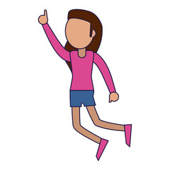 Woman dancing and smiling cartoon blue lines