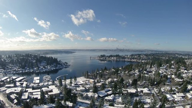 Amazing Winter Sun Aerial Over Lake Washington Snowy Residential Houses
