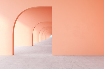 Peach architectural corridor with empty wall, concrete floor, horizon line. 3d render illustration mock up