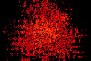 Red neon glowing particles on black background. Splashes and stains. Geometric pattern