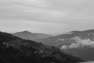 black and white morning mountains