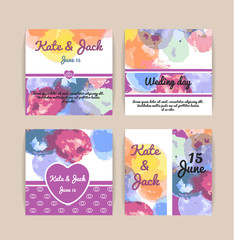 set wedding cards template with multicolored texture of watercolor