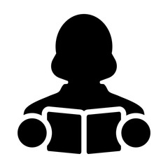 Information icon vector female person profile avatar with book symbol for school, college and university education in flat color glyph pictogram illustration