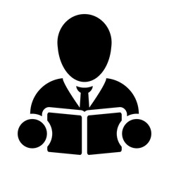 Learning icon vector male student person profile avatar with book symbol for school, college and university education in flat color glyph pictogram illustration