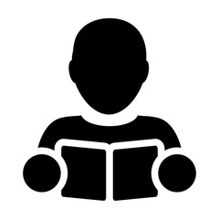 Teacher icon vector male student person profile avatar with book symbol for school, college and university education in flat color glyph pictogram illustration