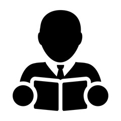 Study icon vector male student person profile avatar with book symbol for school, college and university education in flat color glyph pictogram illustration