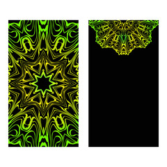 Invitation Or Card Template With Floral Mandala Pattern. Decorative Background For Wedding, Greeting Cards, Birthday Invitation. The Front And Rear Side. Black green color