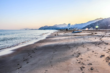 Horizon of Seascape, water waves at Jumeirah Beach in Fujairah, United Arab Emirates