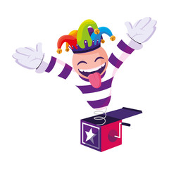 crazy emoticon with joker hat in surprise box