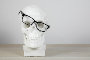 anatomical plaster skull in black glasses, bust, sculpture on the light background on the table. Human gypsum skull for the study of anatomy for artists or doctors.