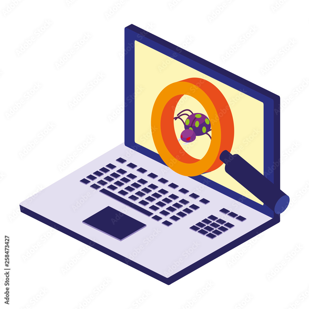 Poster laptop computer with bug and magnifying glass