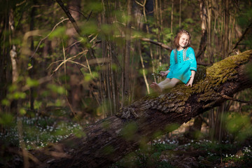 Naklejka na ściany i meble Beautiful little girl in a blue dress walking in the spring wood. Pretty girl sitting on the tumbled-down tree. Kid playing outdoors in summer. Easter time.