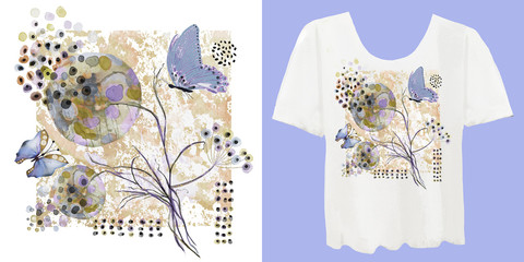 Stylish, designer print on a t-shirt. Abstract, floral arrangement with graphic elements and grunge. Creative, original, watercolor illustration. Fashionable youth clothing. Hand-painted. 