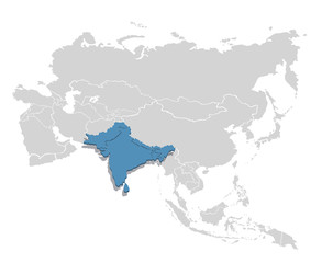Fototapeta premium South Asia in blue on the grey model of Asia map. Vector illustration