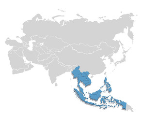 South-East Asia in blue on the grey model of Asia map. Vector illustration