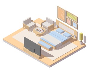 Vector isometric bedroom or hotel room interior with double bed, tv, chairs and table
