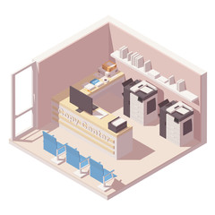 Vector isometric copy center office room with two copy machines, counter, folders with papers and others office equipment