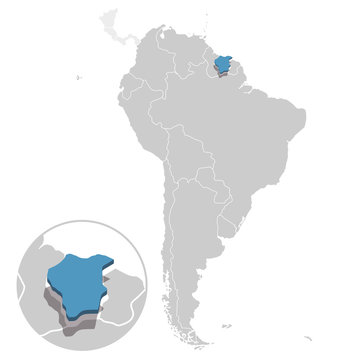 Vector illustration of Suriname in blue on the grey model of South America map with zooming replica of country