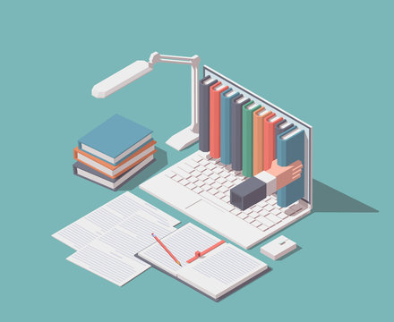 Media book library or E-learning online concept. Laptop with books, documents, lamp and user hand. Vector isometric illustration