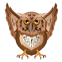 Wise owl with the big head, a sharp beak and predatory claws. Vector illustration.