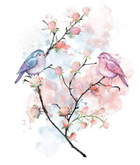 Original, designer print. Watercolor, illustration.A couple in love. Birds on a branch. Roses. Gentle, pink, blue.