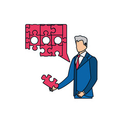 businessman with puzzle pieces in shape speech bubble