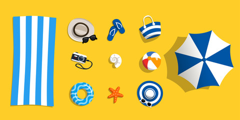 Beach accessories on sand. Set objects for swimming and vocation sea. Top view. Vector illustration in flat style.