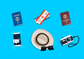 Traveler's accessories. Set objects for trip. Top view. Vector illustration in flat style.