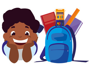 happy little black schoolboy with schoolbag and supplies